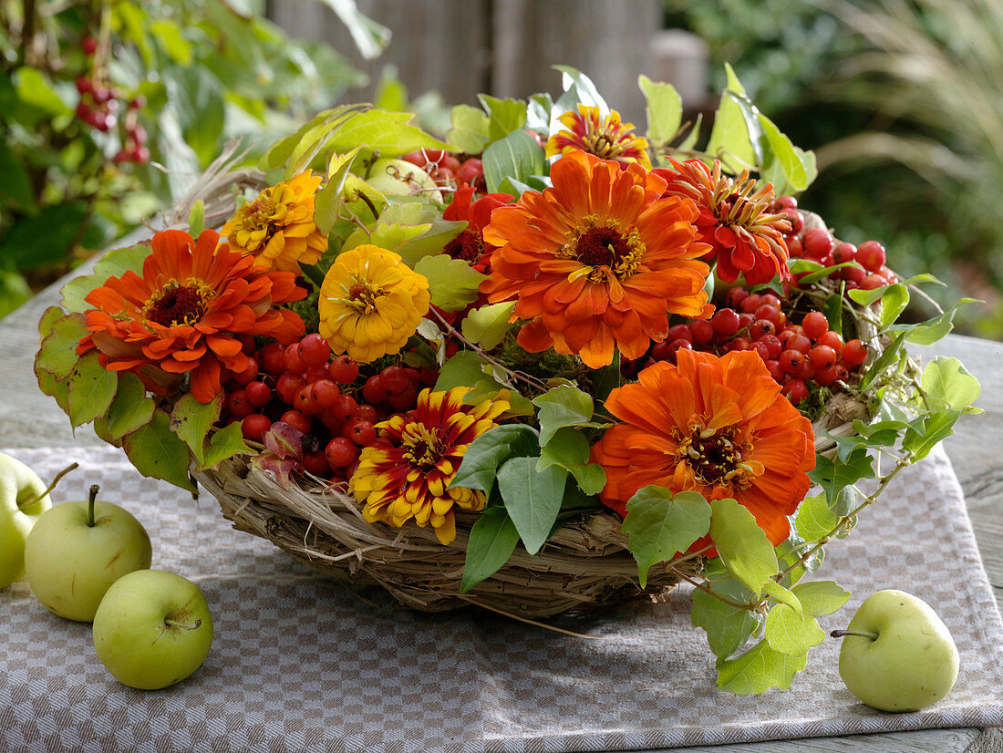 Basket with late summer arrangement