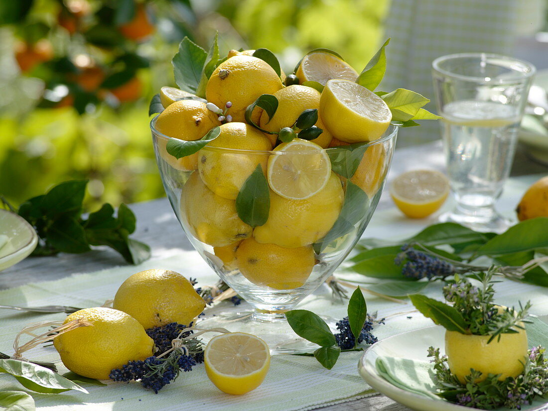 Lemon table decoration on the terrace