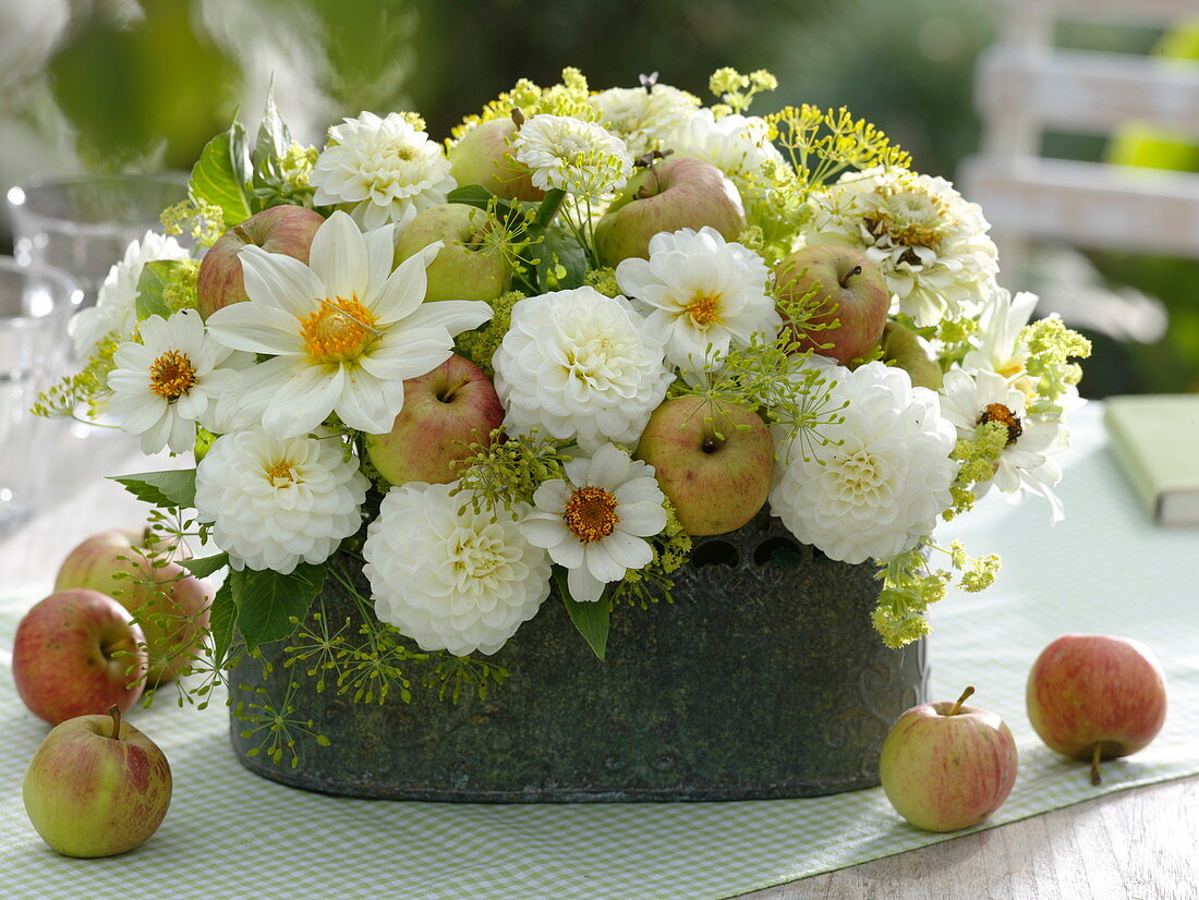 White dahlia arrangement with apples