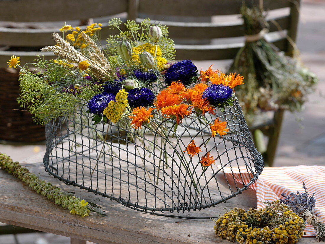Upside down wire basket for drying flowers and herbs