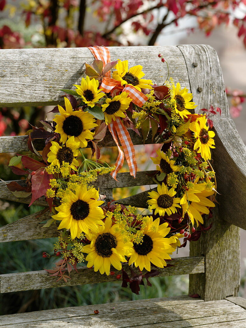 Herbstlicher Kranz aus Sonnenblumen , Fenchel und wildem Wein