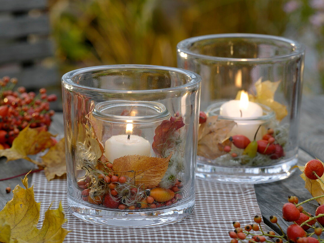 Lanterns with rose hips, autumn leaves and clematis fruit stands