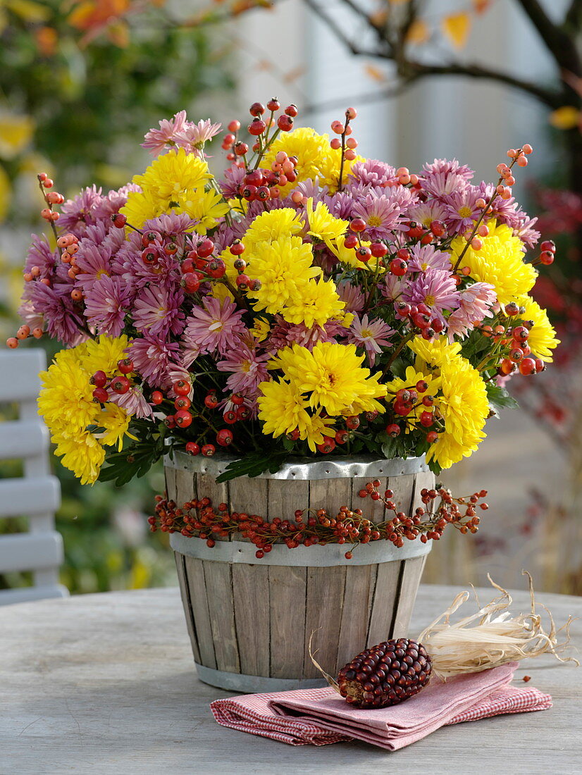 Herbststrauß aus Chrysanthemum (Herbstchrysanthemen) und Hagebutten