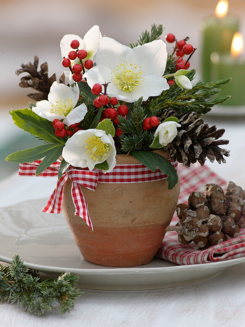 Kleiner Strauß aus Helleborus niger (Christrosen), Ilex (Winterbeere)