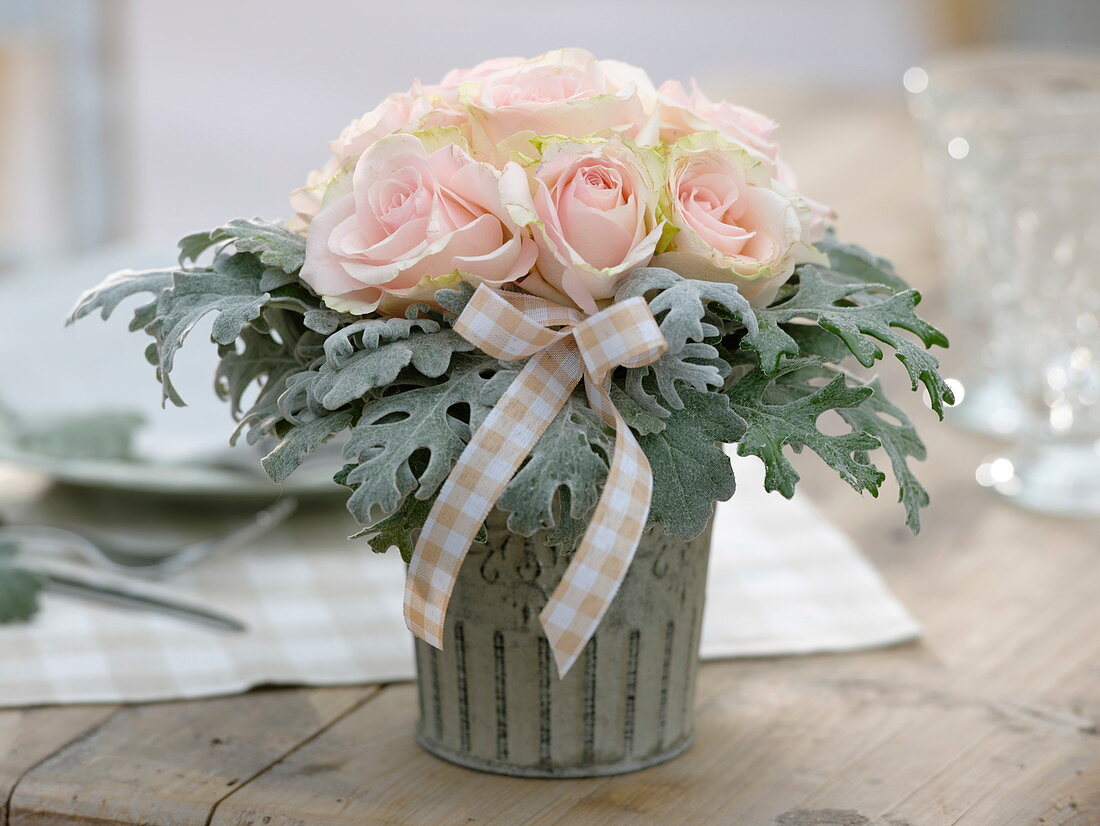 Biedermeier - Strauß aus Rosa (Rosen) mit Manschette aus Cineraria