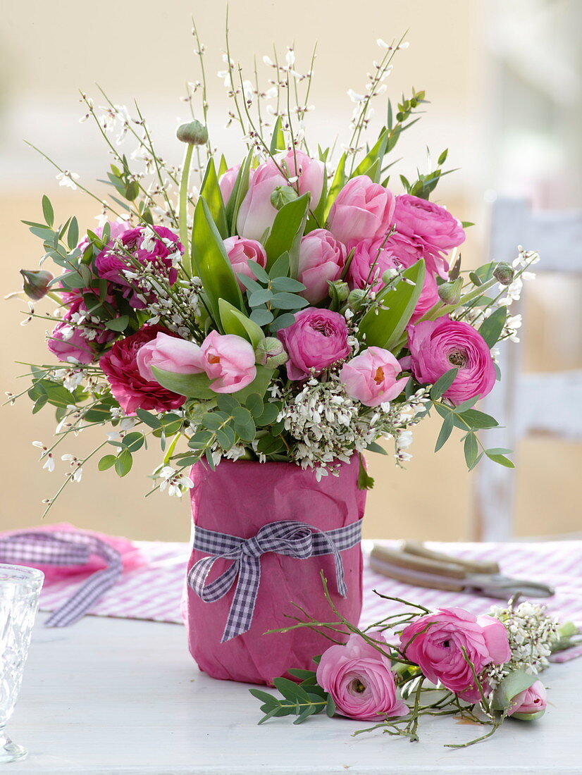 Pink-rose spring bouquet of Tulipa, Ranuculus