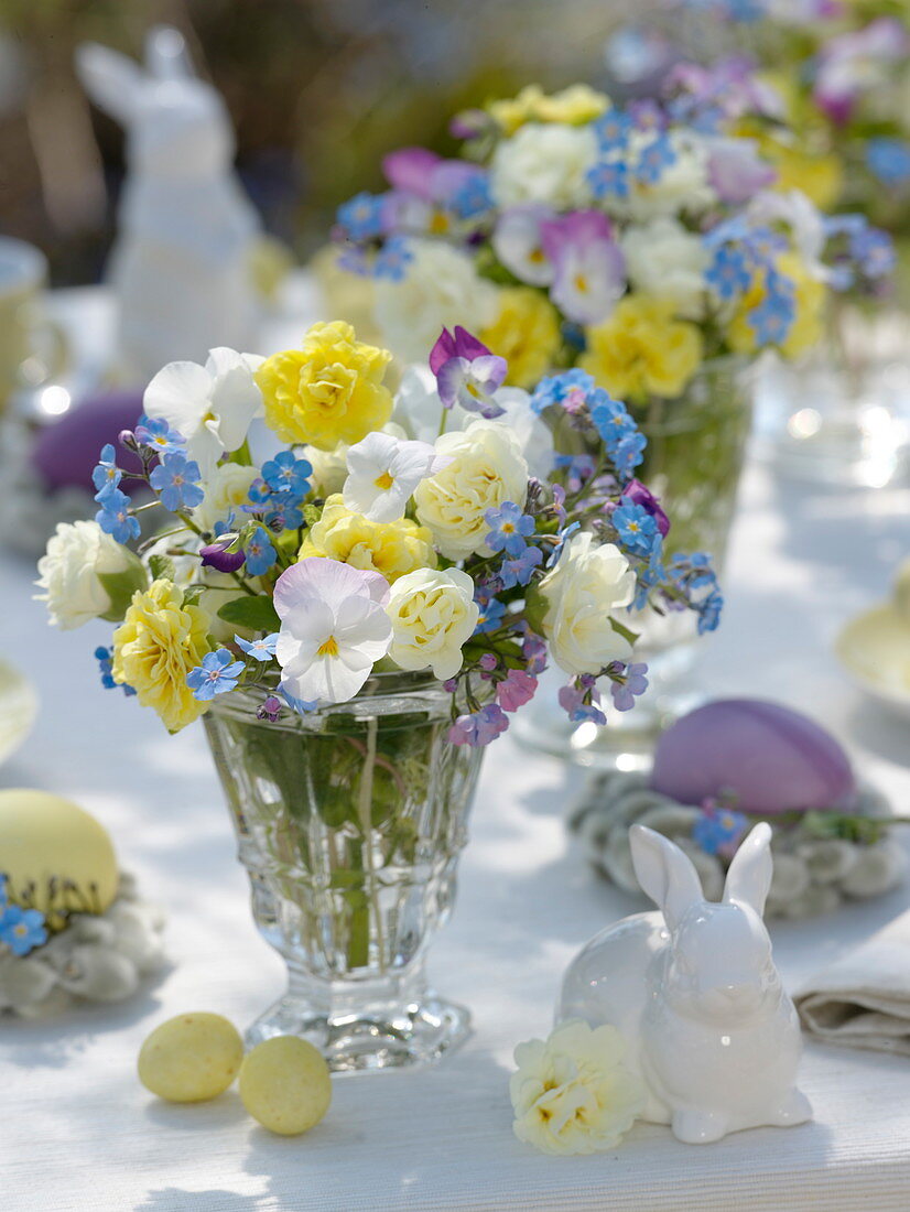 Kleine Frühlingssträuße aus Viola cornuta (Hornveilchen), Myosotis