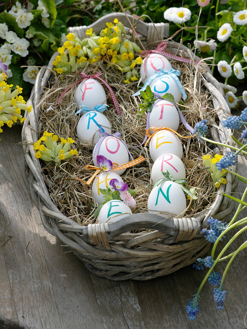 Basket with hay as Easter basket, eggs with 'Frohe Ostern' message
