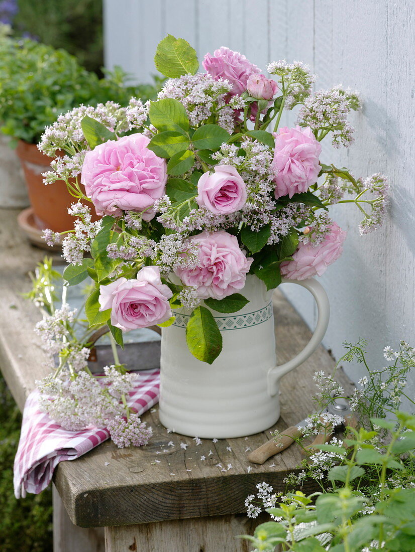 Bouquet of rose (scented rose), valerian (Valeriana officinalis)