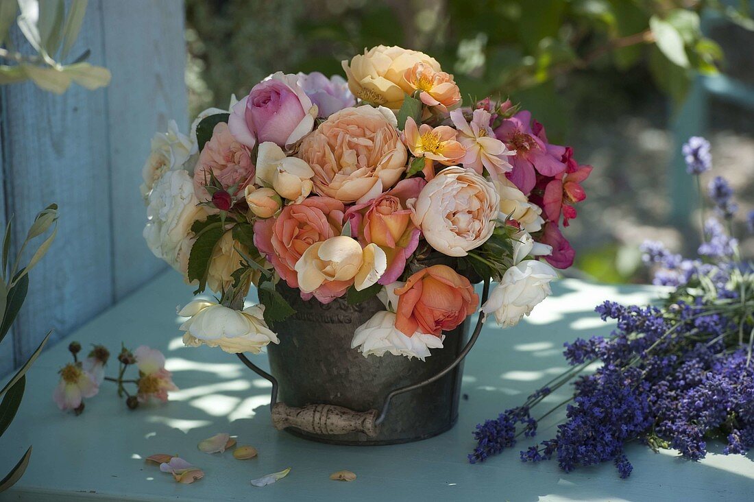 Mixed bouquet of fragrant roses in metal pails