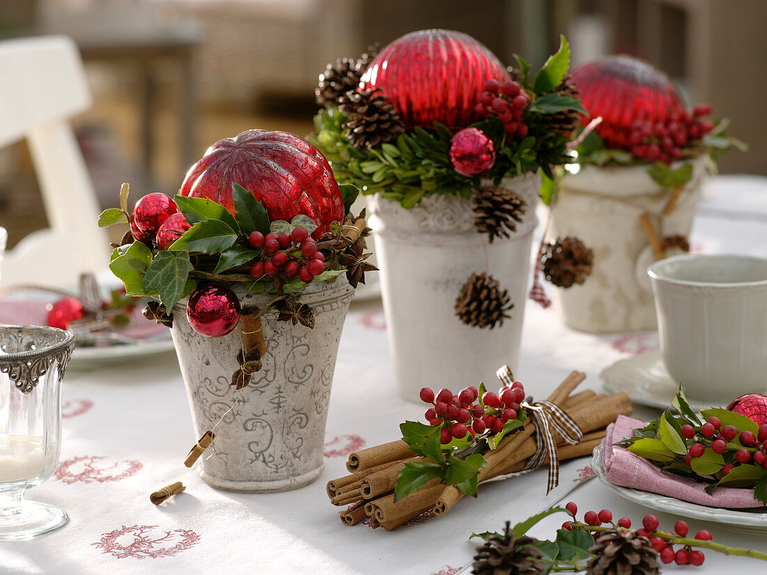 Christmas table decoration with red ball arrangements
