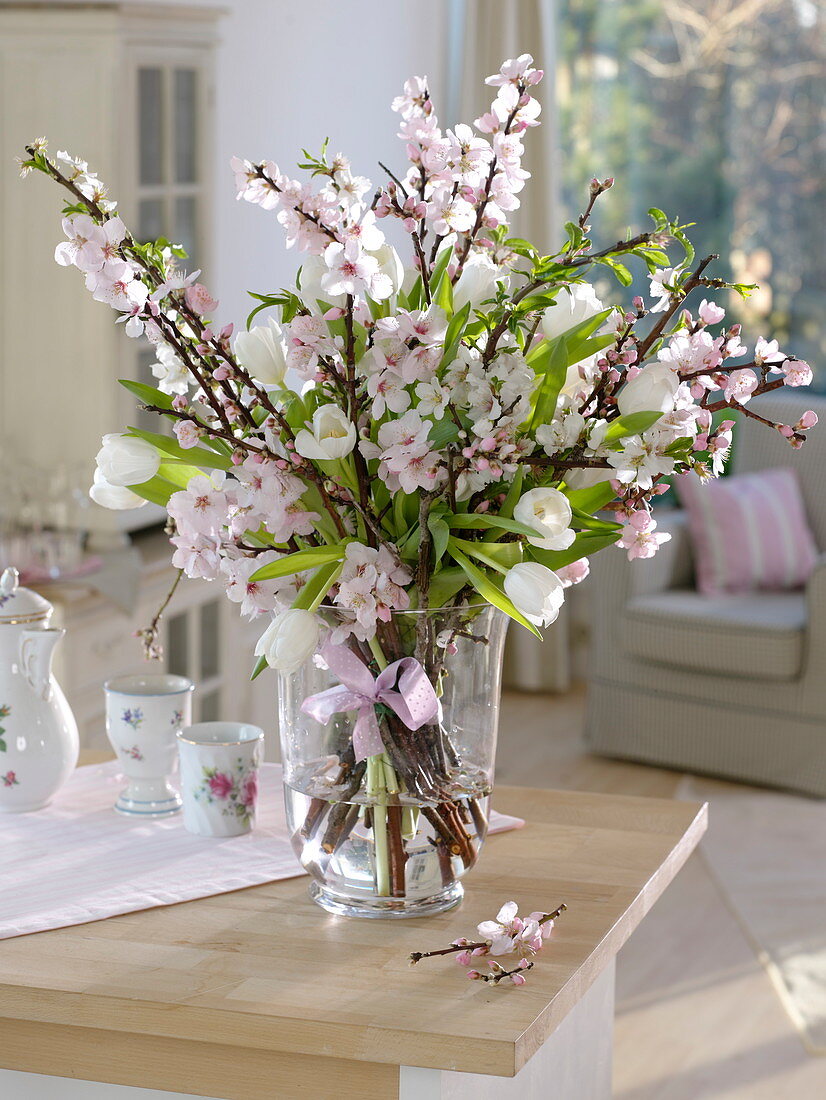 Pastel spring bouquet in glass vase