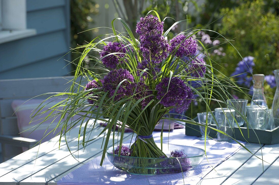 Bouquet of Allium 'Purple Sensation' (Miscanthus), Miscanthus