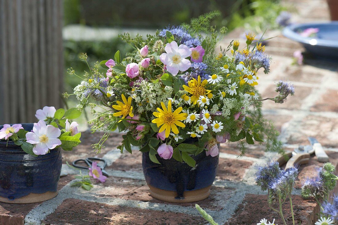 Colorful early summer bouquet with Arnica montana, Rose