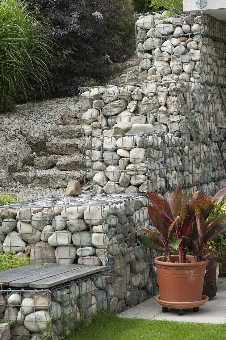 Gabions filled with coarse river gravel for slope support