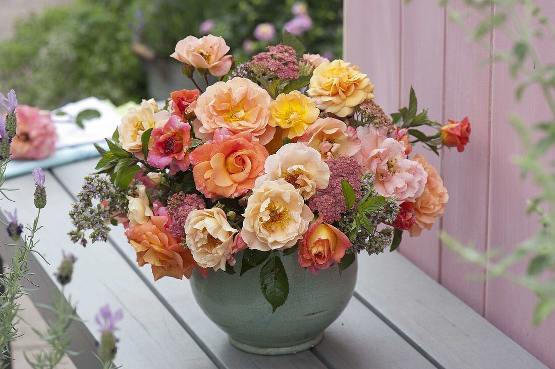 Bouquet with pink (rose), mint (Mentha), oregano (Origanum)