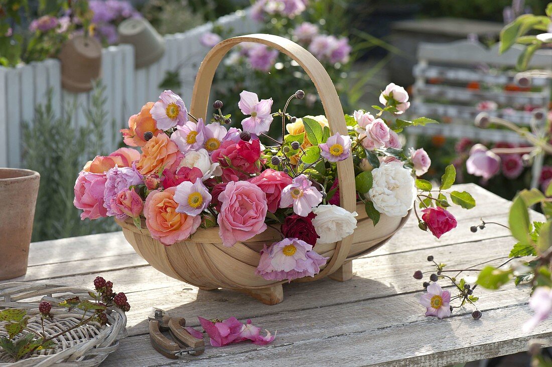 Woodchip basket with freshly cut roses and anemone hupehensis
