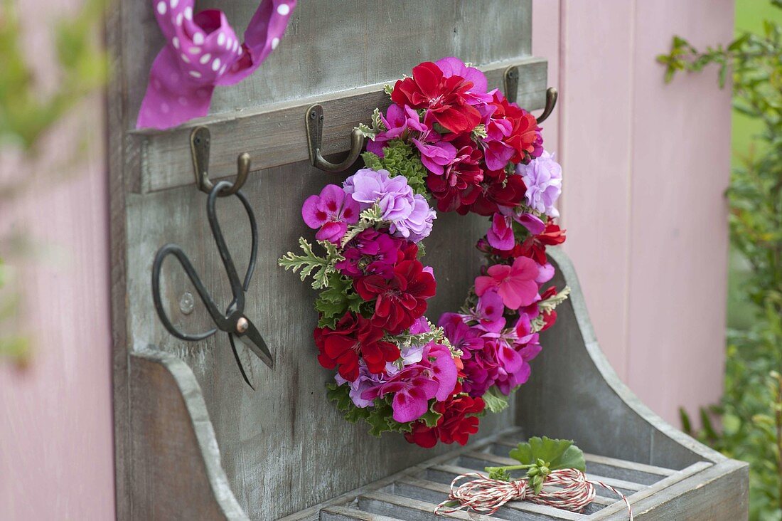 Kranz aus Blüten von Pelargonium (Geranien) und Blättern von Duftgeranien