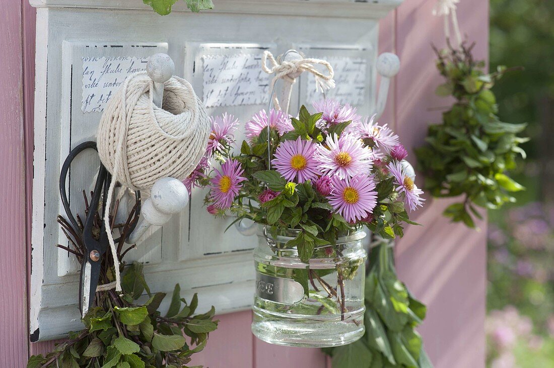 Kleiner Strauß aus Aster (Herbstastern) und Minze (Mentha)