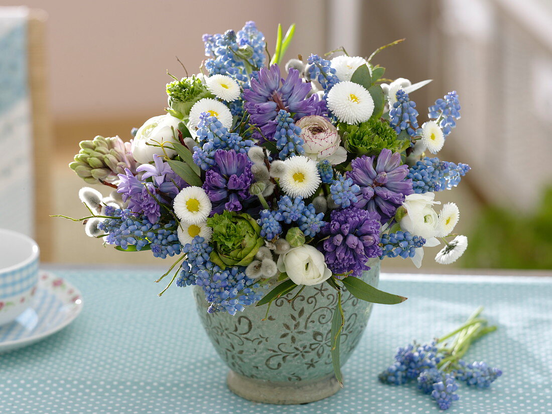 Blue-white bouquet from Hyacinthus, Muscari