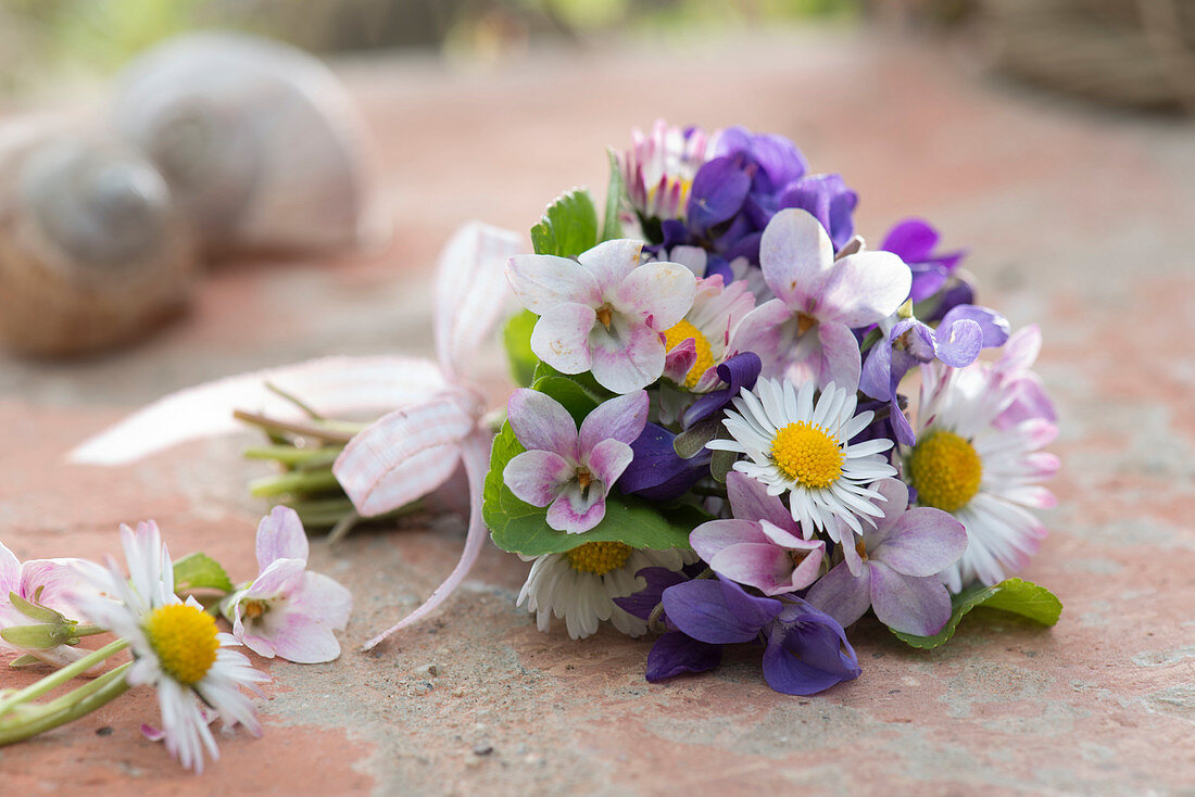 Small spring bouquet with viola odorata and bellis perennis