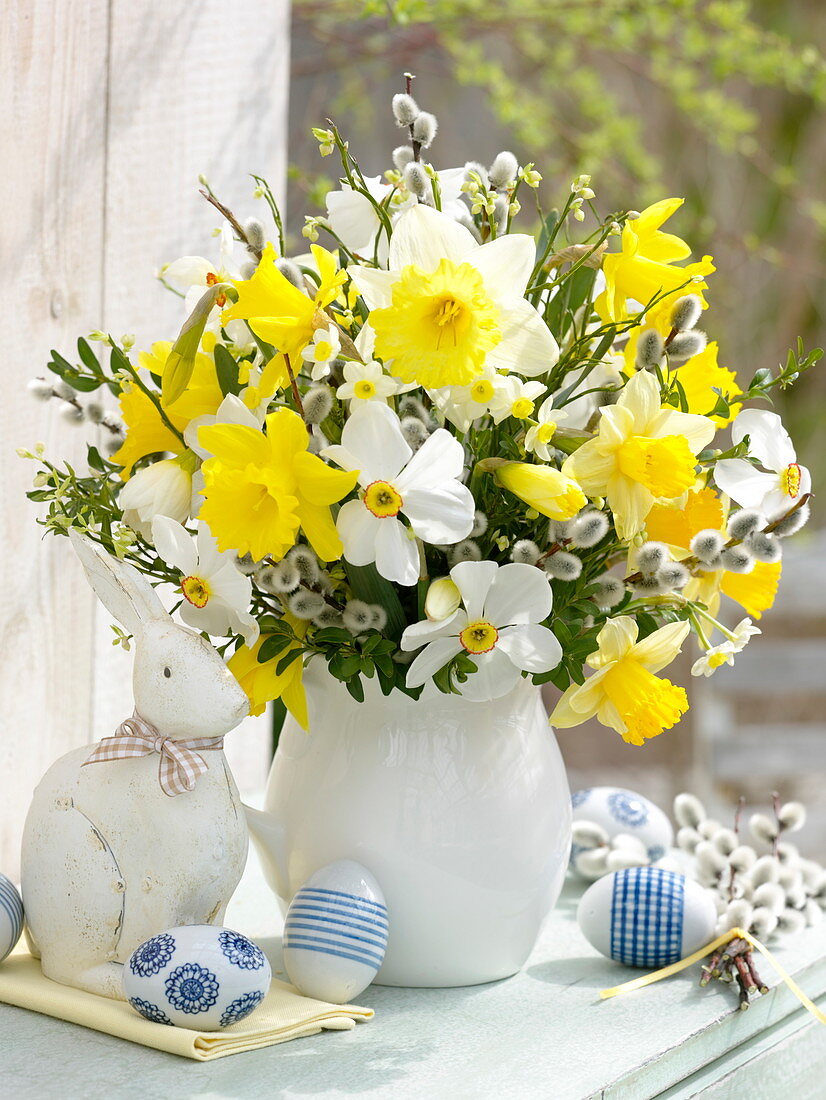 White-yellow bouquet with narcissus, Salix twigs