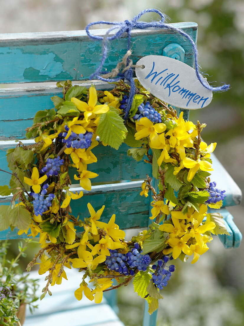 Blue-yellow spring wreath on backrest