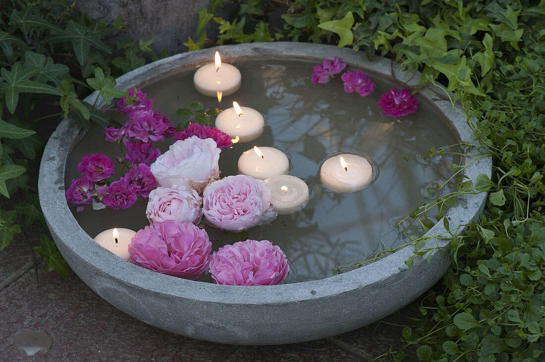 Floating flowers of pink (rose) and floating candles