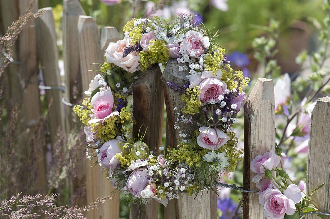 Flower wreath on the fence, Rose, alchemilla, nigella