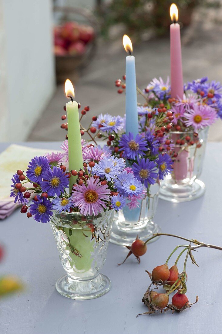 Kerzengläser mit Aster (Herbstastern) und Rosa (Hagebutten) in Reihe