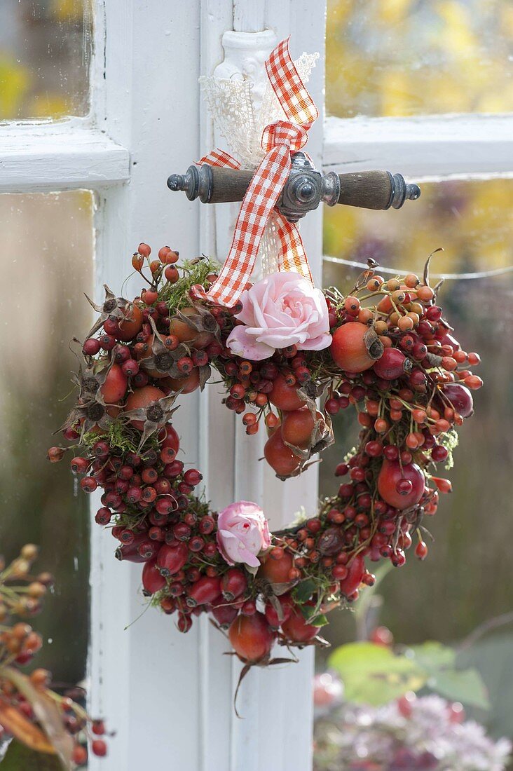 Herz aus Rosa (Hagebutten) und Rosenblüte mit Moos am Fenster