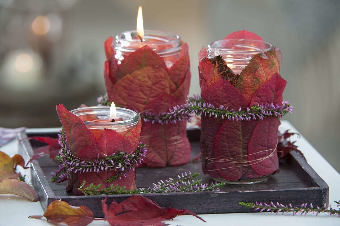 Marmeladengläser mit rotem Herbstlaub umwickelt als Windlichter