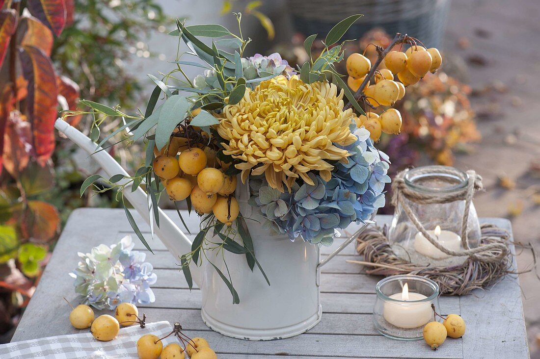 Small autumn bouquet in a watering can with Chrysanthemum grandiflorum