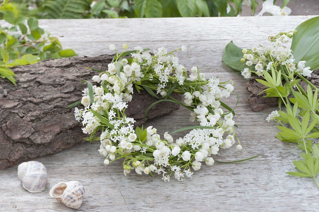 Small scented wreath of Convallaria majalis (lily of the valley) and Galium