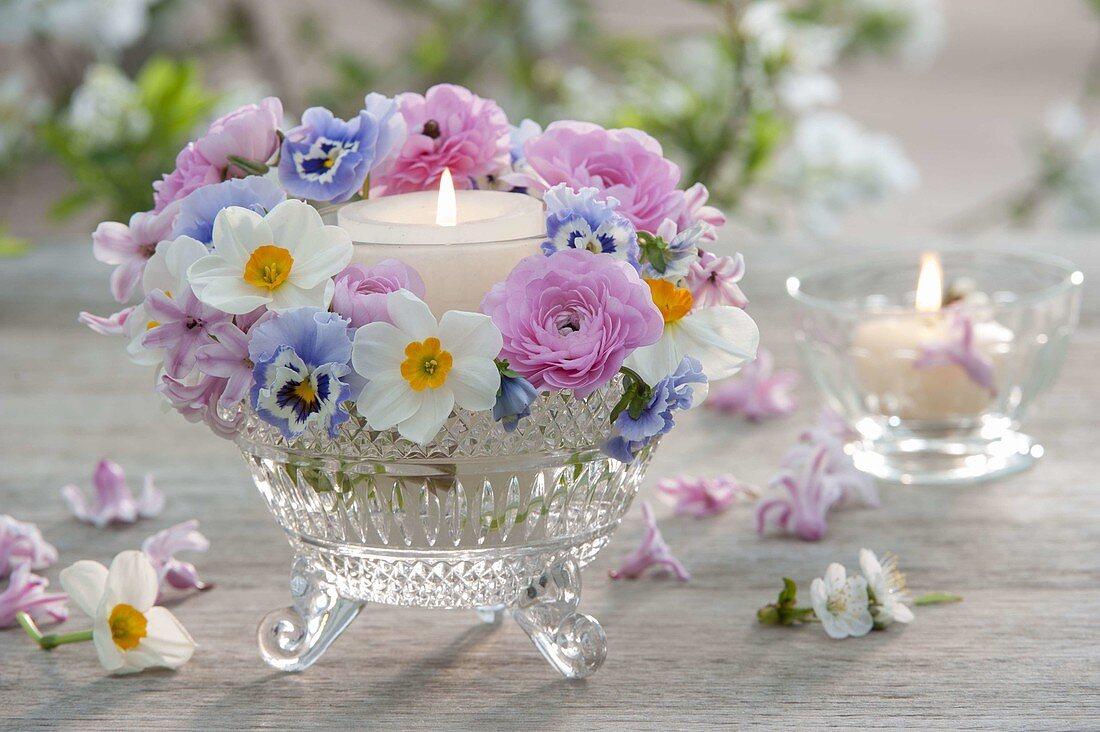 Small lantern with wreath of pastel flowers-ranunculus