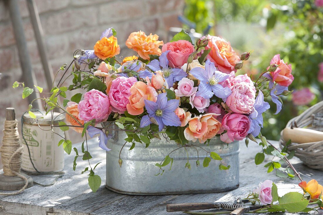 Gesteck aus Rosa (Rosen) und Clematis 'Perle D'Azur' (Waldrebe)