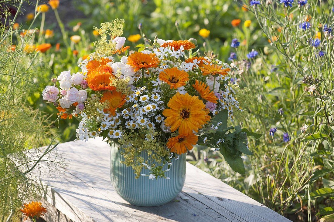 Orange-white bouquet with marigolds