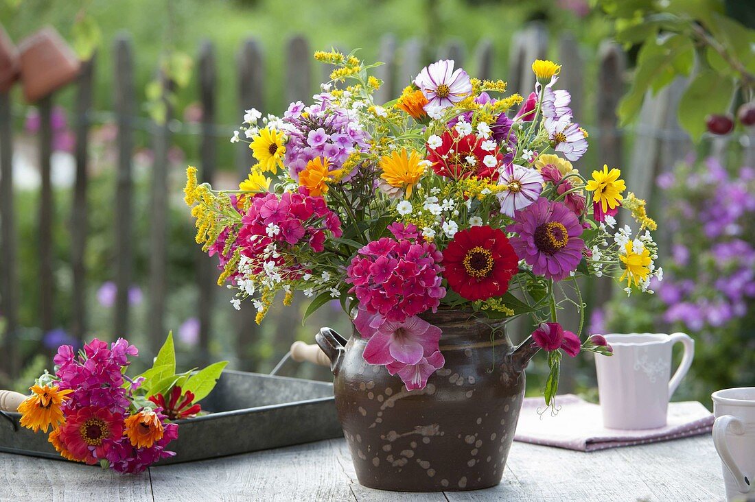 Colorful cottage garden bouquet, phlox, zinnia