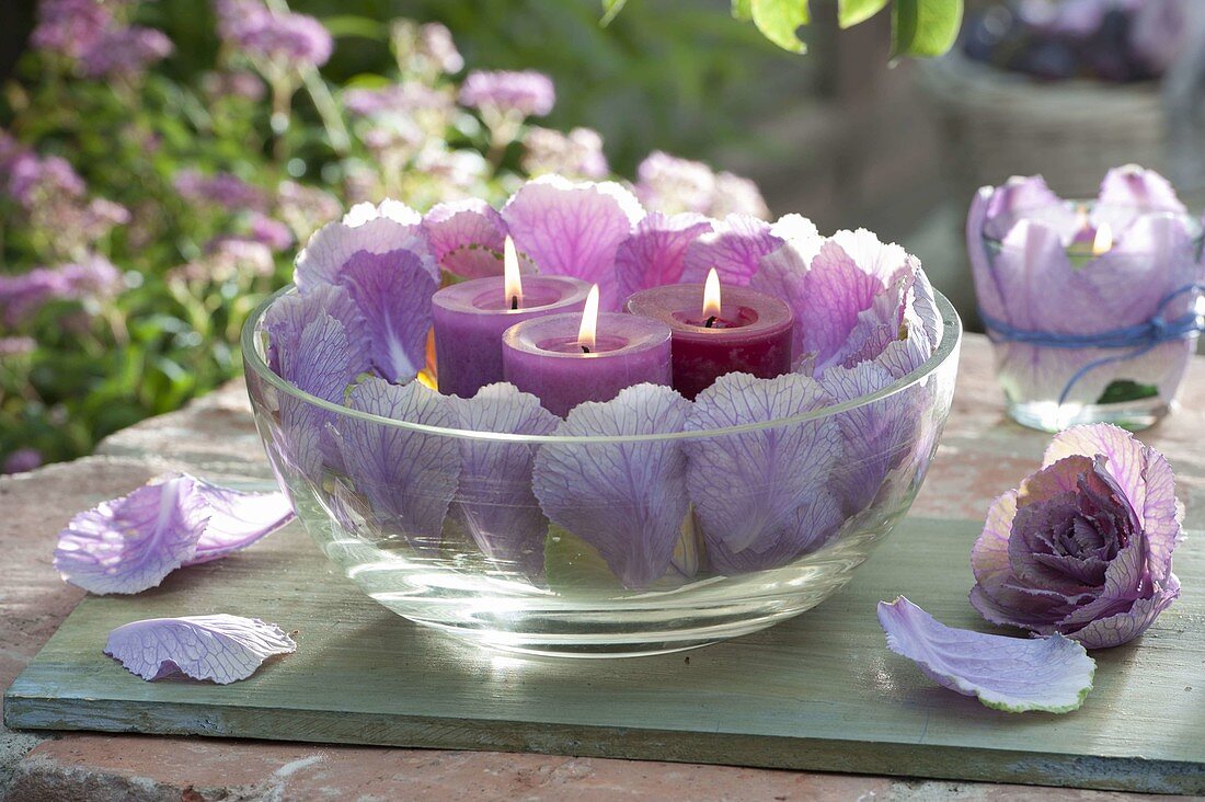 Glasschale mit violetten Blättern von Brassica (Zierkohl) und Kerzen