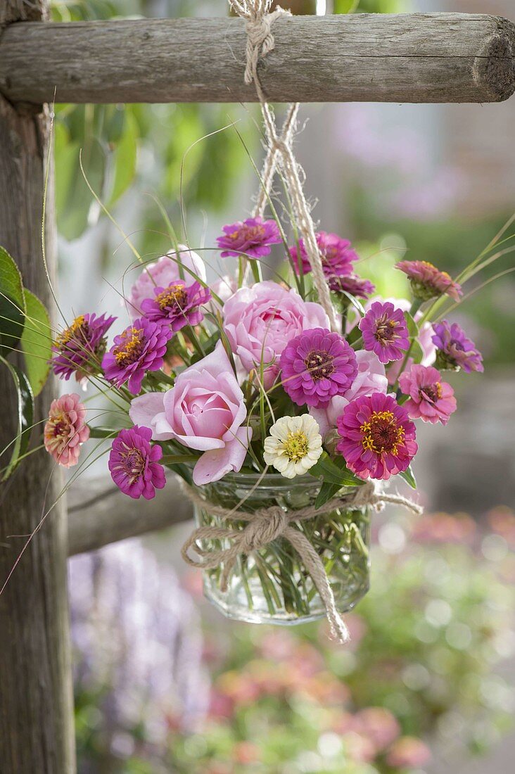Small bouquet of Zinnia (zinnias) and Rosa (roses) suspended in glass