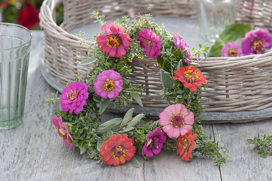 Herz aus Thymian (Thymus), Salbei (Salvia) und Zinnia (Zinnien)