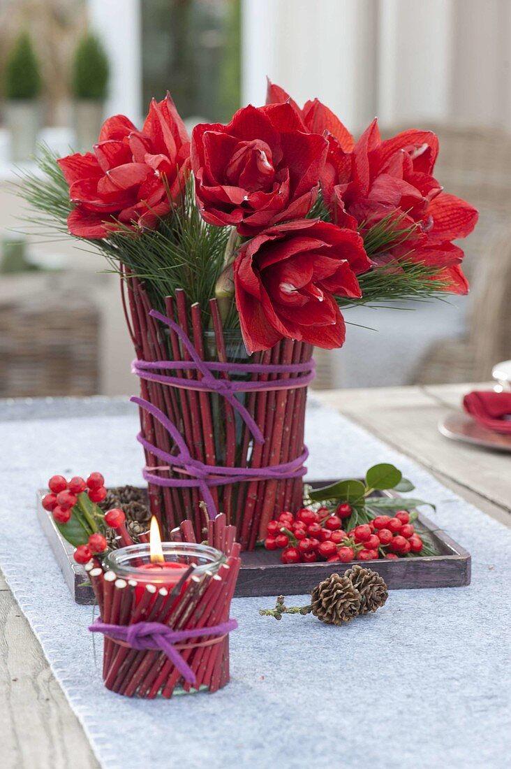 Bouquet of Hippeastrum and Pinus, vase and lantern