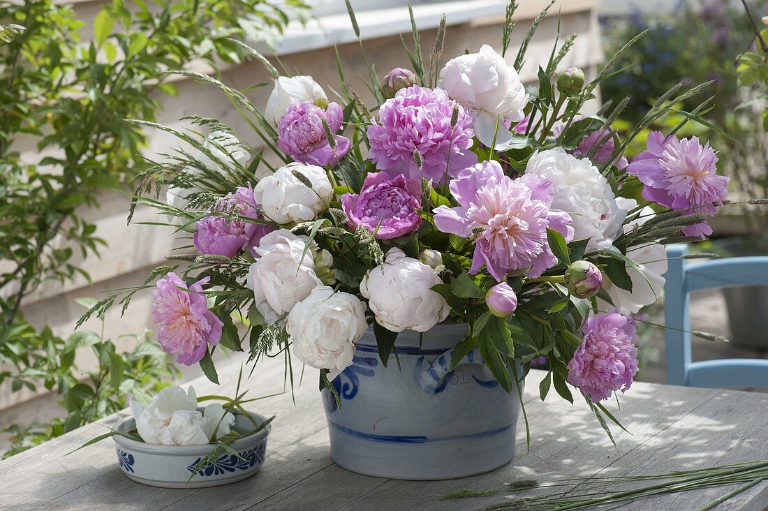 Üppiger Strauss aus Paeonia (Pfingstrosen) und Gräsern in Salzglasur-Topf