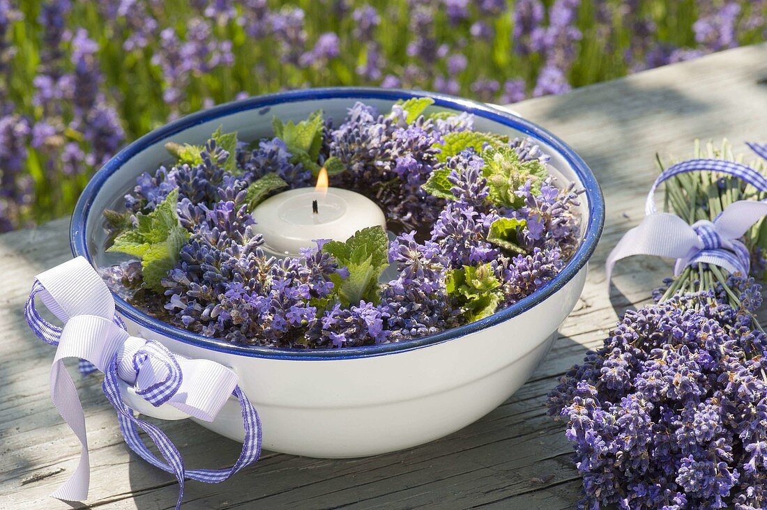 Floating lantern in enamel bowl, lavender wreath