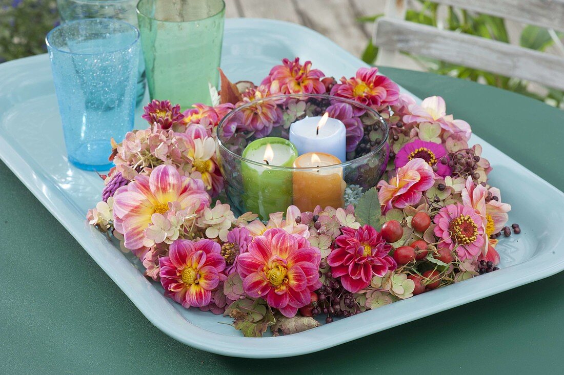 Wreath of Zinnia, Dahlia, Hydrangea