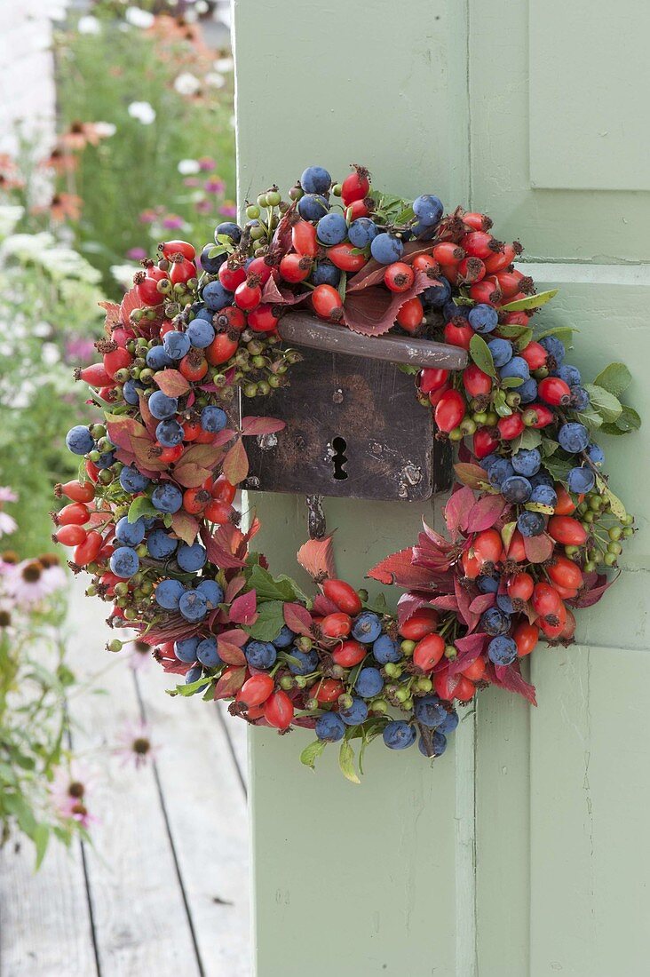 Autumnal wreath of wild fruits on the door handle
