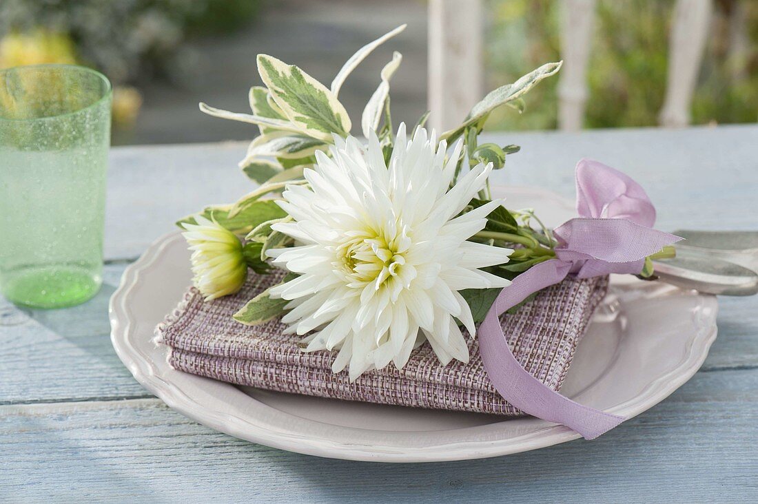 Dahlia 'My Love' and white-colored sage 'Rotmühle'