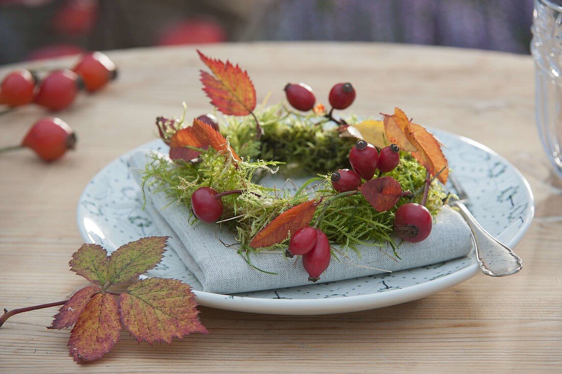 Serviettendeko mit Moos-Kränzchen, Rosa (Hagebutten) und Blättern