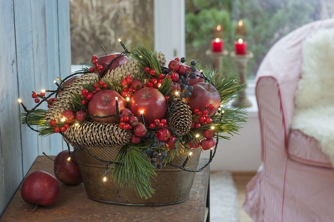 Christmas apple-cone arrangement with fairy lights