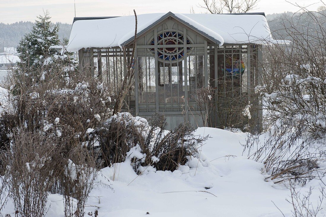 Teahouse in the snowy garden